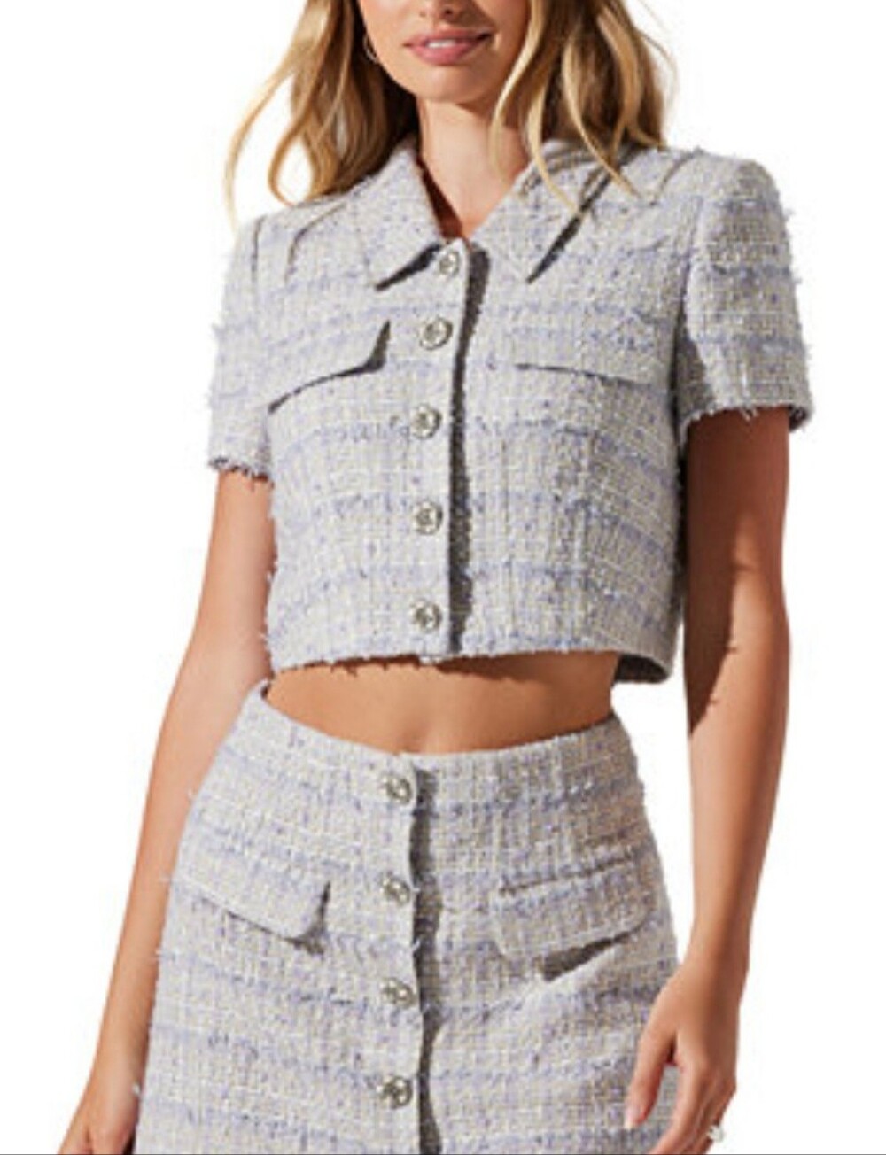 Cropped Tweed Button-Front Top And Skirt Set in Light Blue & Cream